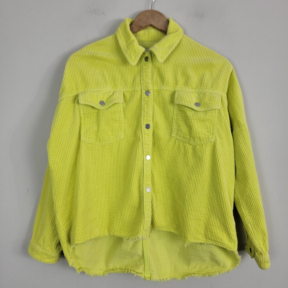 Zara Jacket Women S Neon Yellow Corduroy Cotton Hi Low Snap Collared Long Sleeve